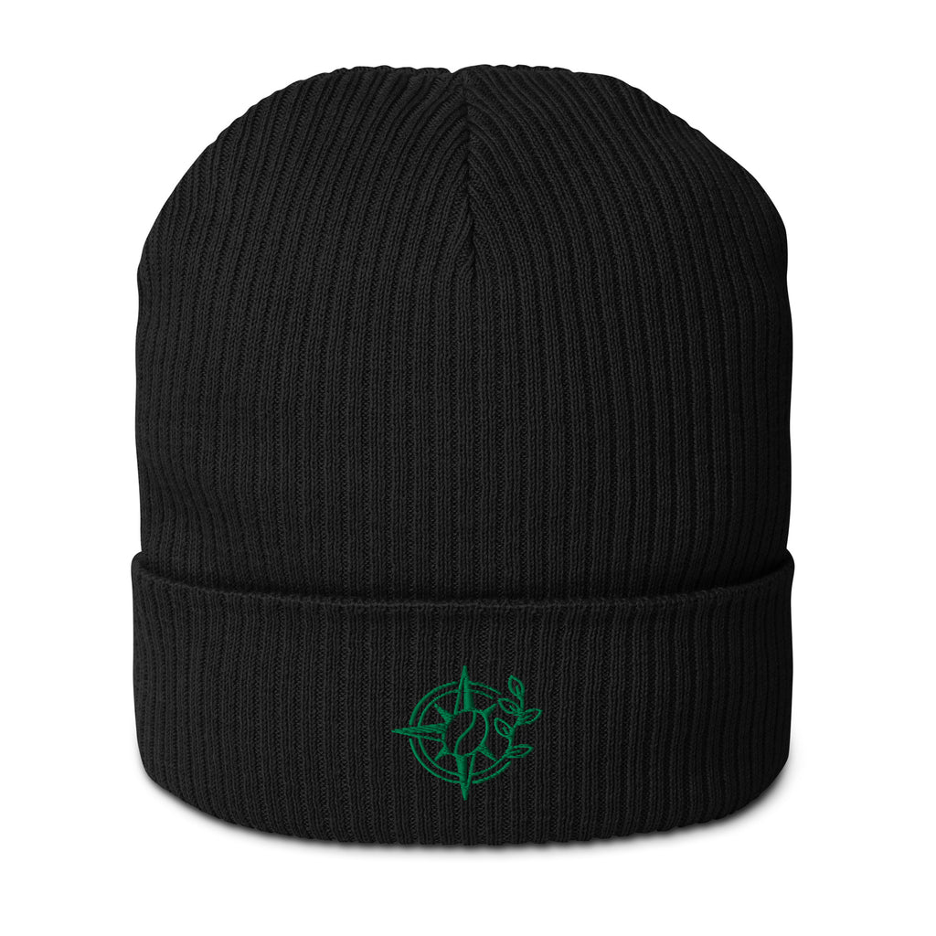 Black beanie with a blue bird emblem on a white background