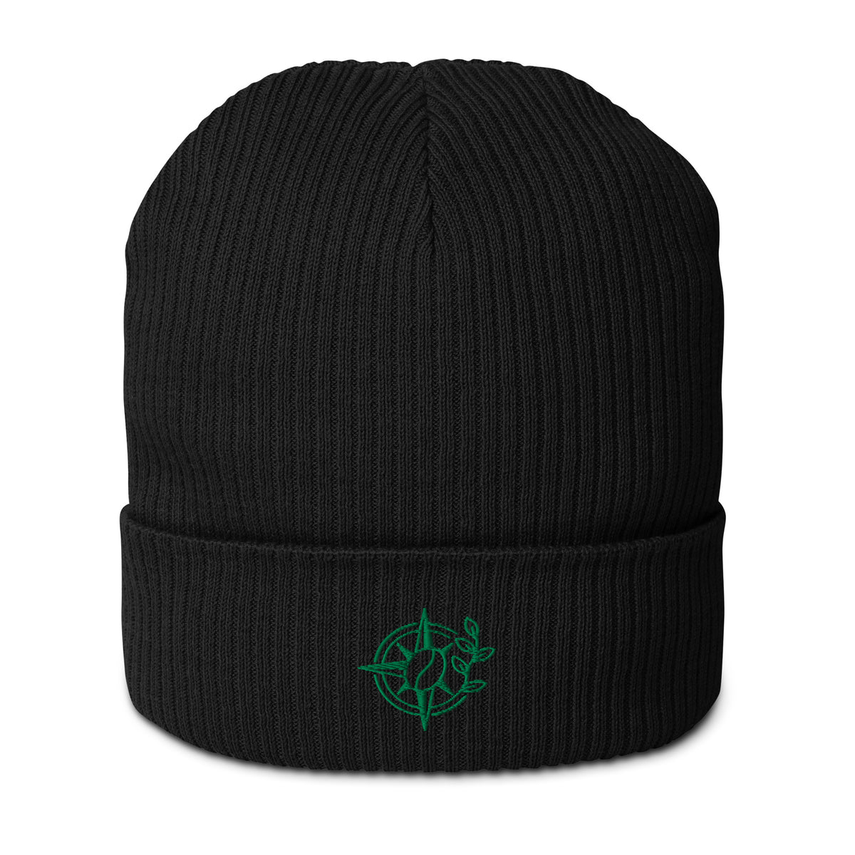 Black beanie with a blue bird emblem on a white background