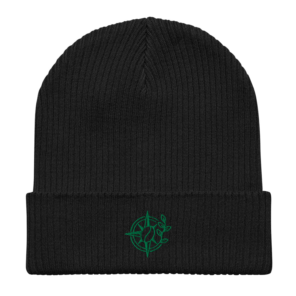 A black ribbed knit beanie hat with a folded cuff, featuring a small green embroidered circular logo on the front cuff.