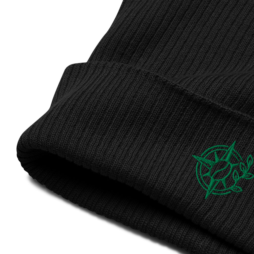 Black knit beanie with embroidered red roses on a white background