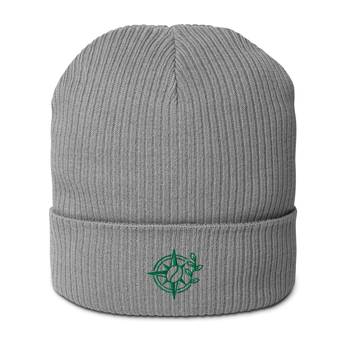 A gray ribbed knit beanie hat with a folded cuff, featuring a small green compass rose graphic embroidered on the front.