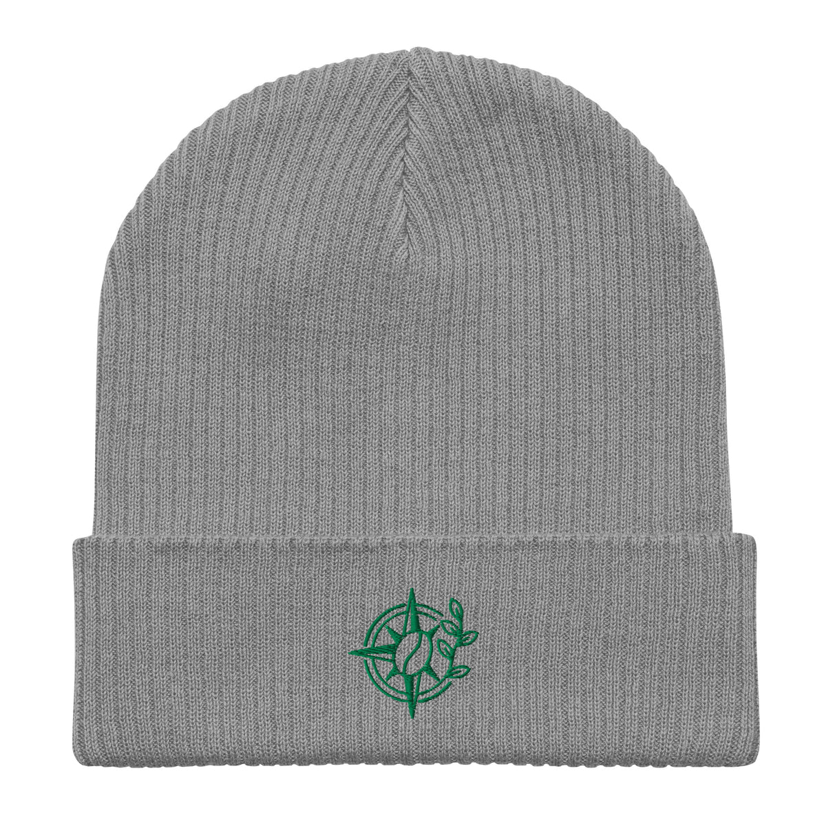A light gray ribbed knit beanie hat with a folded cuff, featuring a small green embroidered logo of a baseball with leaves inside a compass design on the front cuff.