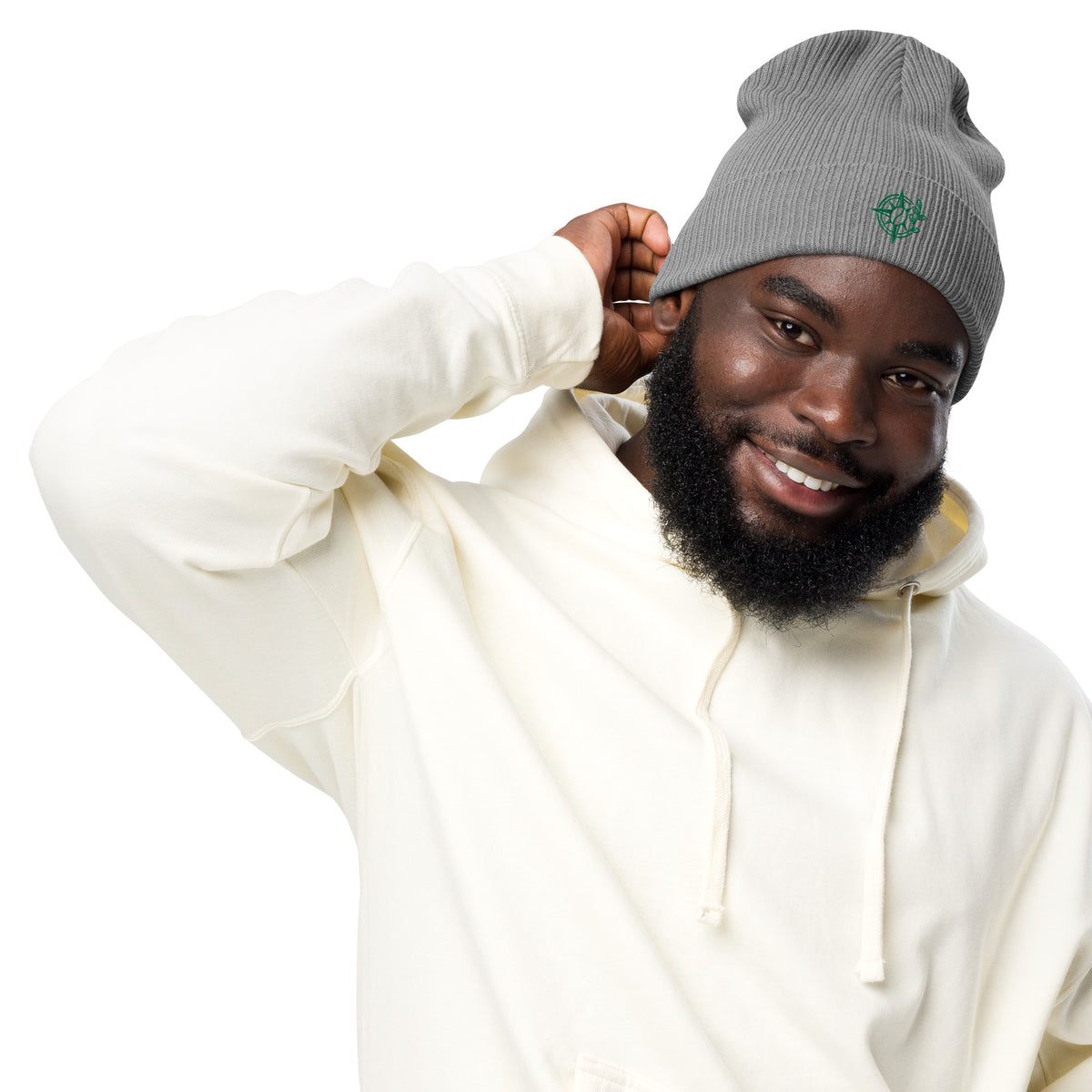 Man wearing a gray beanie and white hoodie on a white background