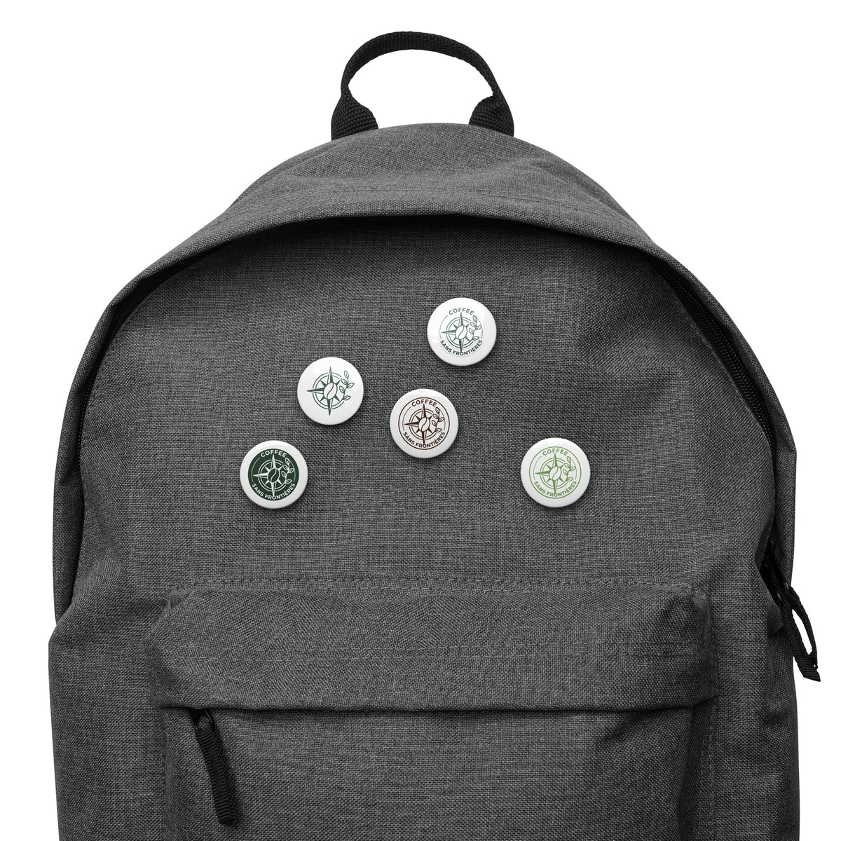 Gray backpack with various pins on a white background
