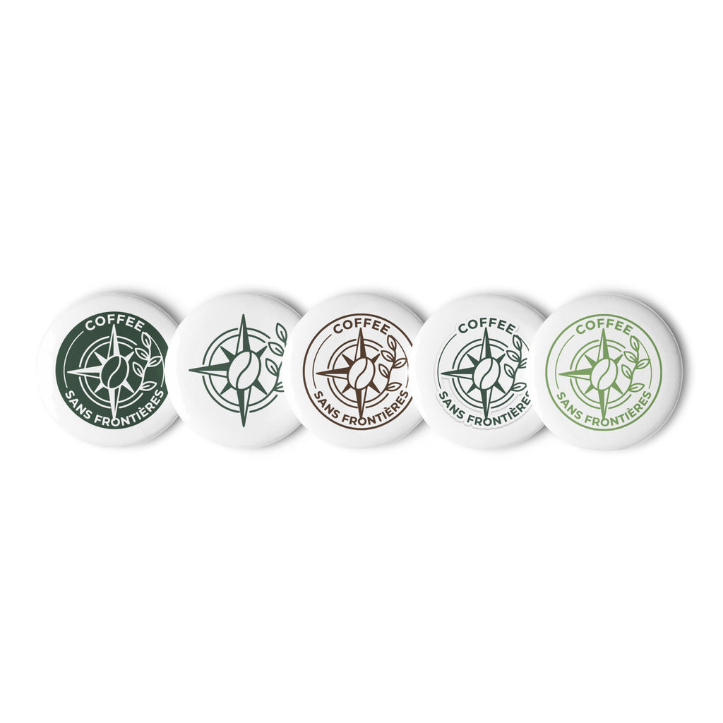Five round white coffee tumbler stickers with the 'Coffee Sans Frontières' logo in various green and brown shades, arranged in a row on a white background.