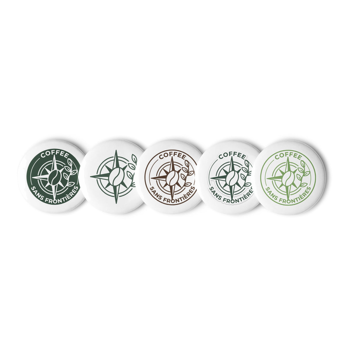 Five round white coffee tumbler stickers with the 'Coffee Sans Frontières' logo in various green and brown shades, arranged in a row on a white background.