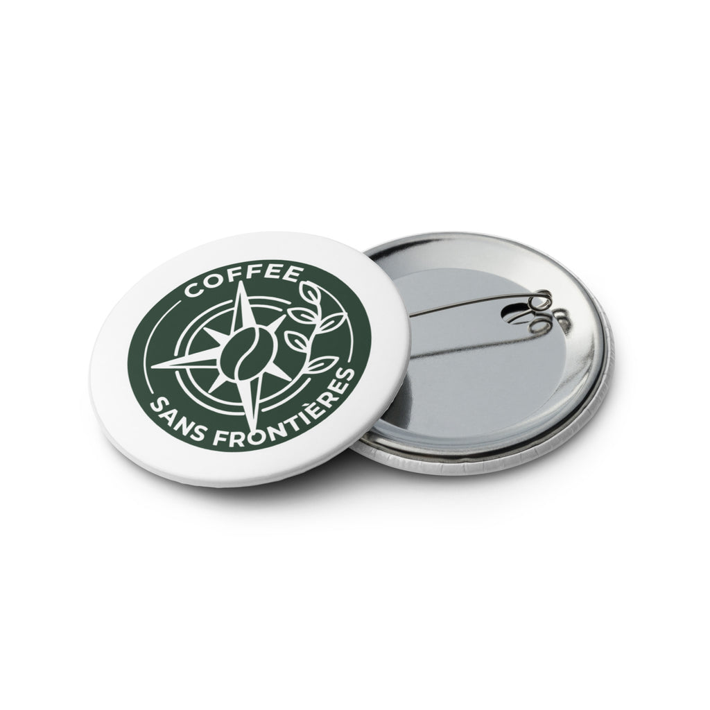 Two round pinback buttons shown on a white background, with one button face visible and the other showing the metallic back with pin fastening.