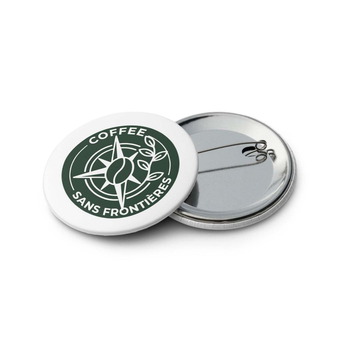 Two round pinback buttons shown on a white background, with one button face visible and the other showing the metallic back with pin fastening.